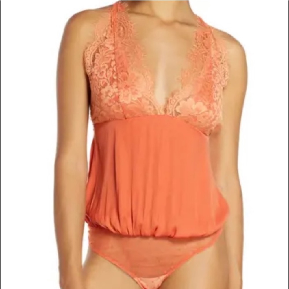 Free People Melerose Orange Lace Thong Bodysuit NWT Size Large